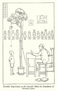 Med magt præge det unge sind sundheden af Newtons love (litho) af William Heath Robinson