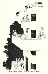 Ferieglæder i moderne lejligheder (litho) af William Heath Robinson