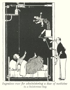 Genial list til at give en dosis medicin til en larmende dreng (litho) af William Heath Robinson