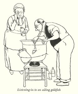 Lytter ind til en syg guldfisk (litho) af William Heath Robinson