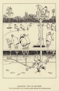 Magnetiske hjælpemidler til skøjteløbere, der skal installeres i Londons parker i løbet af skøjtesæsonen af William Heath Robinson