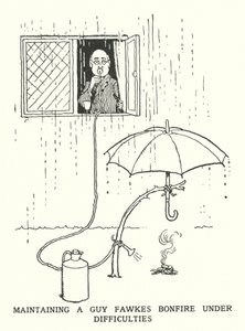 Vedligeholdelse af et Guy Fawkes-bål under vanskeligheder (litho) af William Heath Robinson