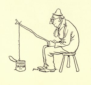 Mand, der fisker efter laks på dåse af William Heath Robinson