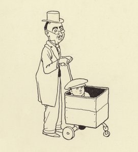 Mand skubber dreng i en kasse af William Heath Robinson
