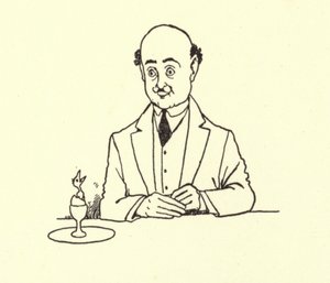 Mand overrasket af fugl i sit morgenæg af William Heath Robinson