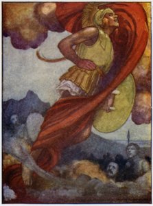 Mars, som en tordensky, fejede opad gennem himlen til Olympus (farve litho) af William Heath Robinson