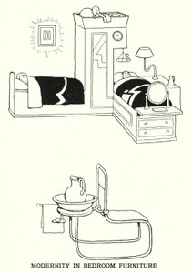 Modernitet i soveværelsesmøbler (litho) af William Heath Robinson