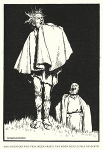 En Fønacer, der meget frygtede, at månen skulle falde på jorden (litho) af William Heath Robinson