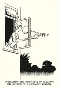 Overvinde vanskeligheden ved at rengøre ydersiden af et vinduesvindue (litho) af William Heath Robinson