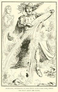 Petruchio, der foregav at finde fejl ved alle retter, kastede kødet rundt på gulvet. af William Heath Robinson