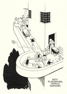 Kæledyrs legeplads, Tryplit Mansions (litho) af William Heath Robinson