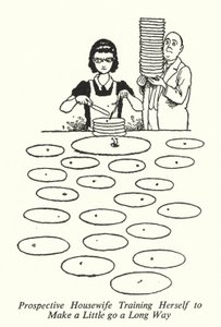 Kommende husmor træner sig selv til at få lidt til at gå langt (litho) af William Heath Robinson