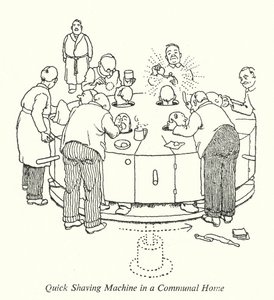 Hurtig barbermaskine i et fælles hjem (litho) af William Heath Robinson