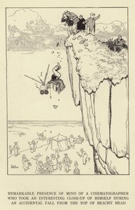 Bemærkelsesværdig tilstedeværelse af sind af en filmfotograf, der tog et interessant nærbillede af sig selv under et utilsigtet fald fra toppen af Beachy Head af William Heath Robinson