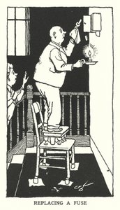 Udskiftning af en sikring (litho) af William Heath Robinson