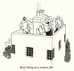 Tagvandring i en moderne lejlighed (litho) af William Heath Robinson