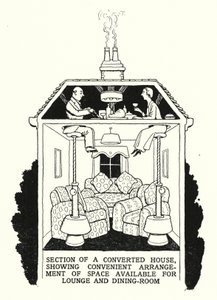 Sektion af et ombygget hus, der viser praktisk indretning af ledig plads til stue og spisestue (litho) af William Heath Robinson