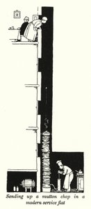 Sender en fårekotelet op i en moderne servicelejlighed (litho) af William Heath Robinson