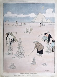 Sommerproblemer i troperne - Slangekast på Sahara-golfbanen (pen, blæk og akvarel) af William Heath Robinson