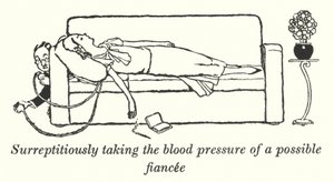 Tager i det skjulte blodtrykket fra en mulig forlovede (litho) af William Heath Robinson