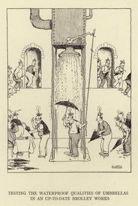 Test af paraplyers vandtætte egenskaber i et up-to-date Brolley Works af William Heath Robinson