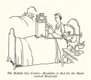 Gaskomfuret ved sengen, morgenmad på sengen til den hårdtarbejdende husmor (litho) af William Heath Robinson