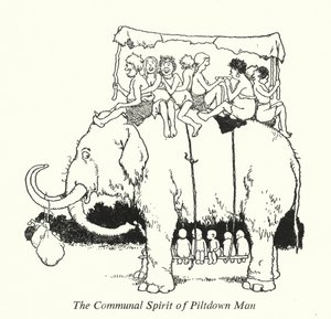 Piltdown Mans fællesånd (litho) af William Heath Robinson