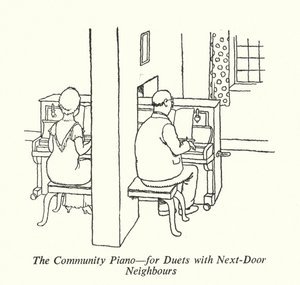 Community Piano, for duetter med naboer (litho) af William Heath Robinson