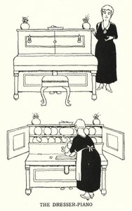 Kommoden-klaveret (litho) af William Heath Robinson