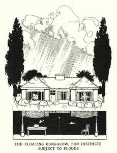 Den flydende bungalow, til distrikter, der er udsat for oversvømmelser (litho) af William Heath Robinson