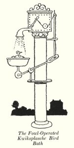 Det fugledrevne Kwiksplasche Fuglebad (litho) af William Heath Robinson