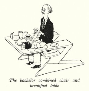 Ungkarlen kombineret stol og morgenbord (litho) af William Heath Robinson