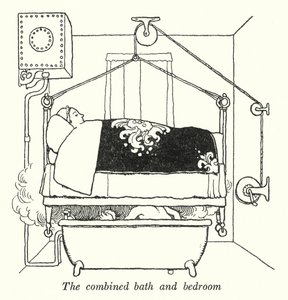 Det kombinerede bad og soveværelse (litho) af William Heath Robinson
