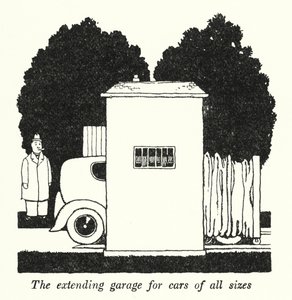 Den forlængende garage til biler i alle størrelser (litho) af William Heath Robinson