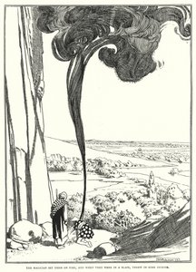 Magikeren satte ild til dem, og da de stod i flammer, kastede han noget røgelse i (gravering) af William Heath Robinson