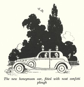 Den nye bryllupsrejsebil, udstyret med pæn konfettiplov (litho) af William Heath Robinson