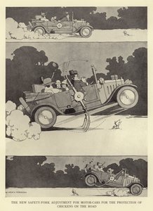 Den nye sikkerhedsgaffeljustering til biler til beskyttelse af høns på vejen af William Heath Robinson