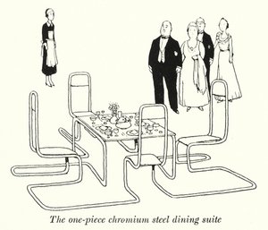Spisestuen i et stykke kromstål (litho) af William Heath Robinson