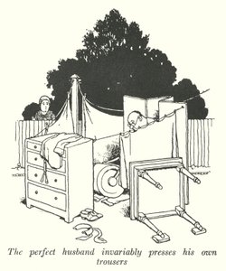 Den perfekte ægtemand presser uvægerligt sine egne bukser (litho) af William Heath Robinson