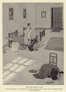 Den stille, lille stemme, fru Blendlethorpe, for guds skyld, John, vågn op med det samme; der er nogen, der ringer efter hjælp i rummet nedenunder af William Heath Robinson