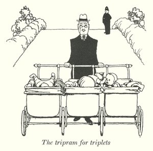 Tripram til trillinger (litho) af William Heath Robinson