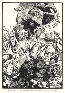 De faldt ned foran ham som hø foran en plæneklipper (litho) af William Heath Robinson