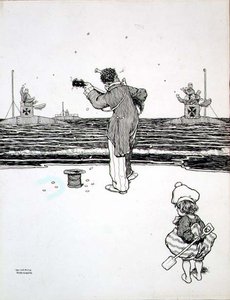 Handel med fjenden på Yarmouth Sands, fra "Some Frightful War Pictures" af William Heath Robinson