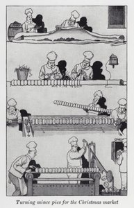 Drejning af hakketærter til julemarkedet (litho) af William Heath Robinson