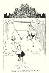 Lugning uden at træde på sengene (litho) af William Heath Robinson