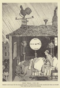 Hvad skal jeg sætte på sengetøjet til den skiftende sæson, for at angive vejrets tilstand, og hvad du skal have på, når du står op om morgenen af William Heath Robinson