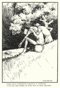 Mens glade kammerater bærer den sammen, en figen for stormen, viger den for godt vejr (litho) af William Heath Robinson
