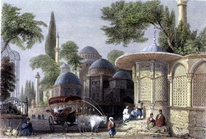 Fontæne og moske i Chahzade, indgraveret af Roberts Sands (1792-1855) ca. 1850 (akvatinte)
