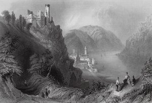 Oberwesel og slottet Schomberg (kobberstik) af William Henry (after) Bartlett