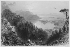 The Lower and Torc Lakes, Killarney, fra Torc Waterfall (gravering) af William Henry (after) Bartlett